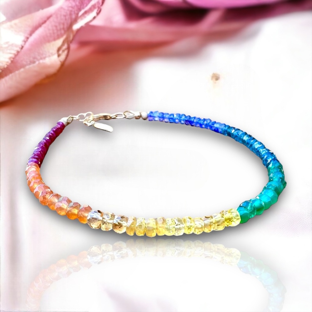 New Unisex Handmade Rainbow Gemstone Bracelet, 14k Gold Filled